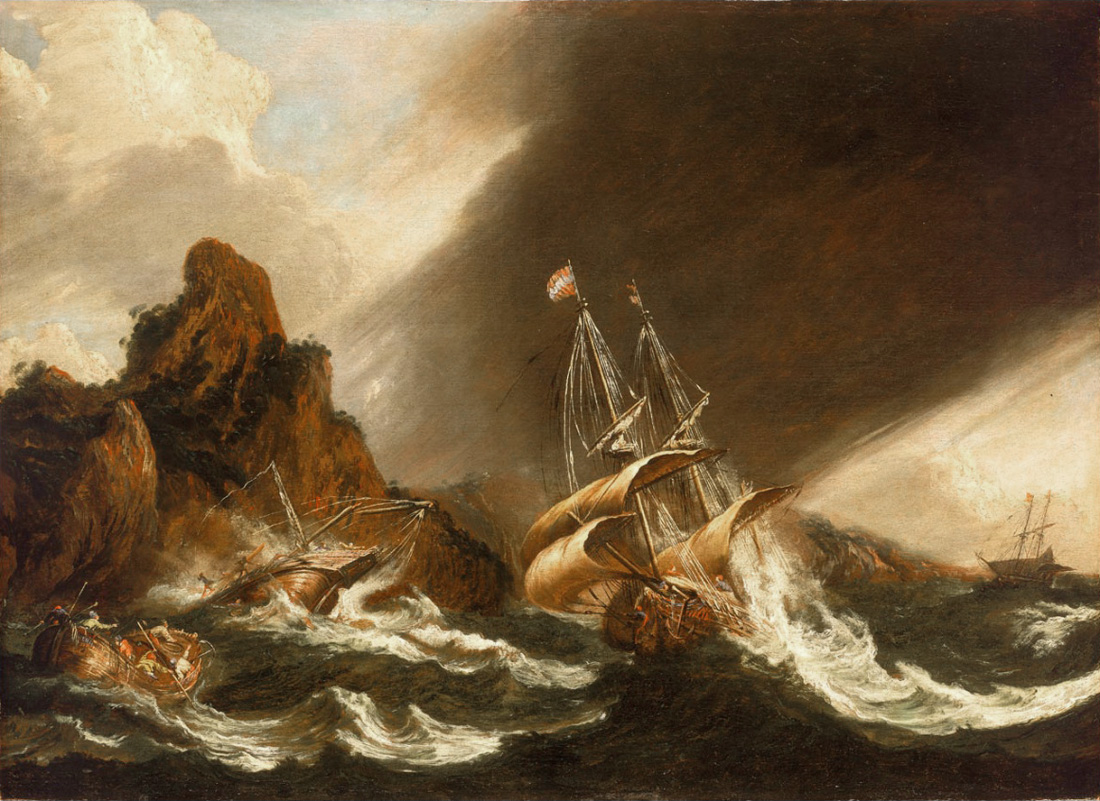 a ship and a galley wrecked on a rocky coast